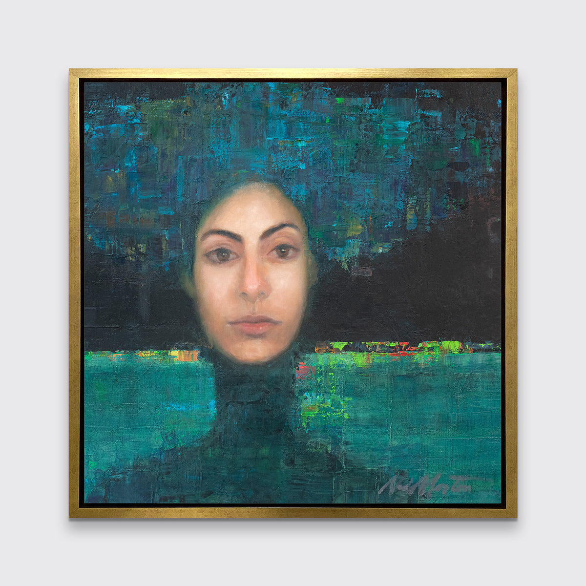 A blue, black, teal and beige abstract figural print in a gold floater frame hangs on a white wall.