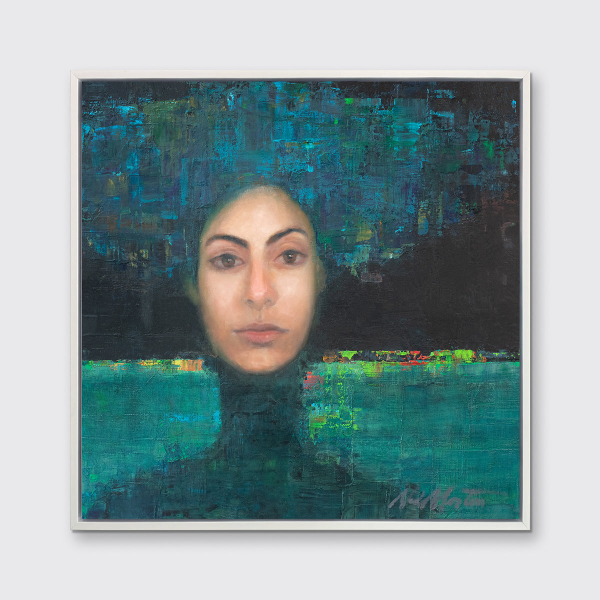 A blue, black, teal and beige abstract figural print in a white floater frame hangs on a white wall.