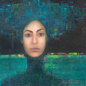 A painting of a woman's face on an abstracted blue and black background.