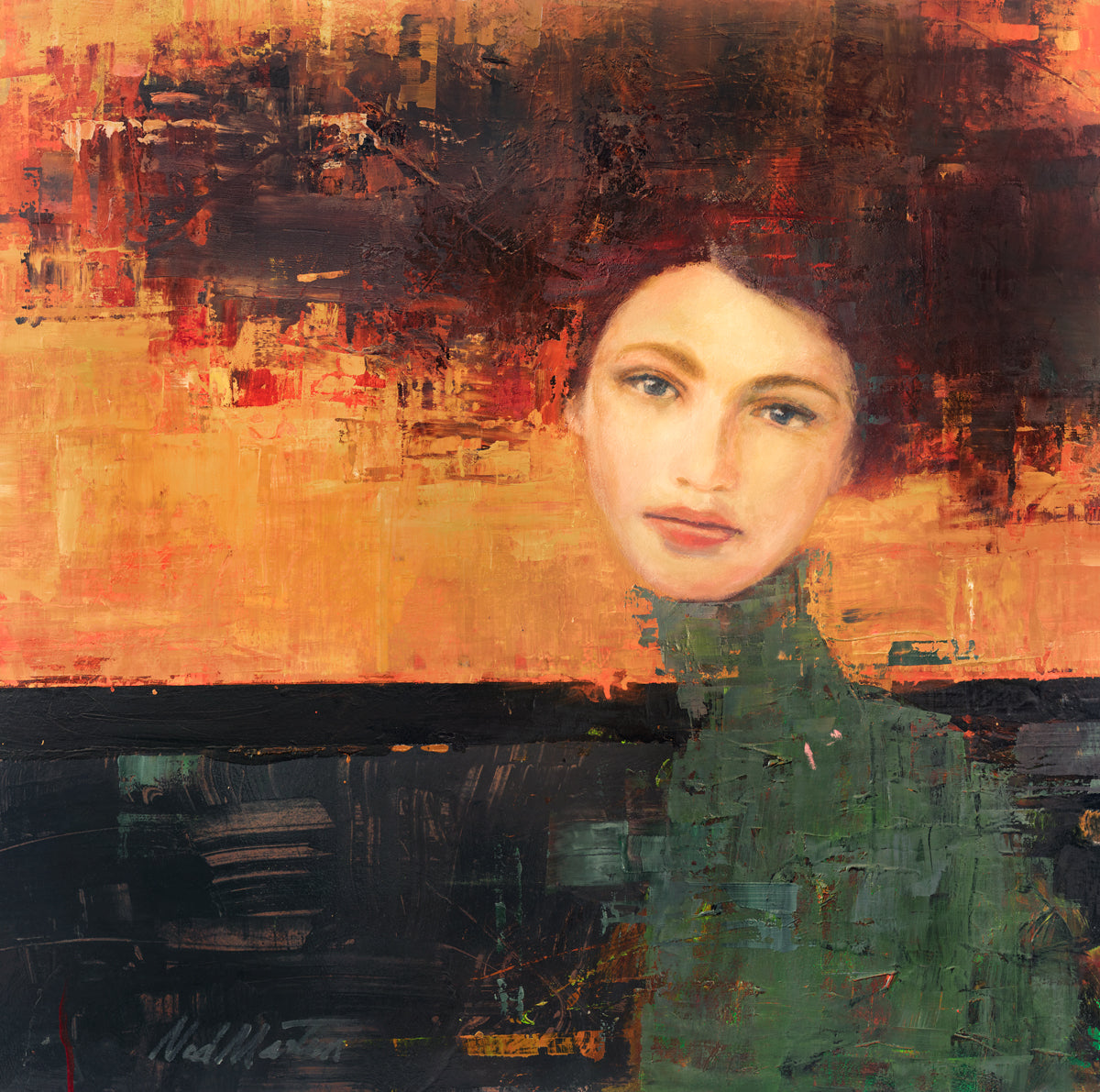A orange, red, green and black abstract figural print by Ned Martin.