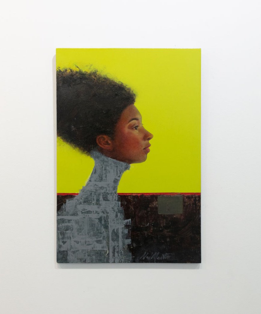 A painting of the side profile of a woman with a beehive hairstyle on a yellow-green background is hung on a gallery wall.