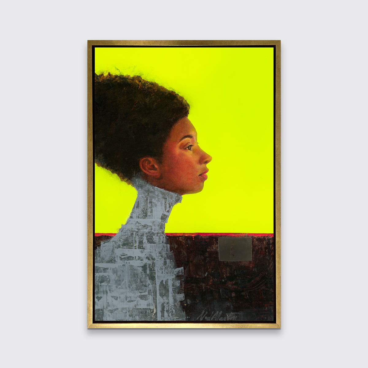 A grey, brown red and neon yellow abstract figural print in a gold floater frame hangs on a white wall.