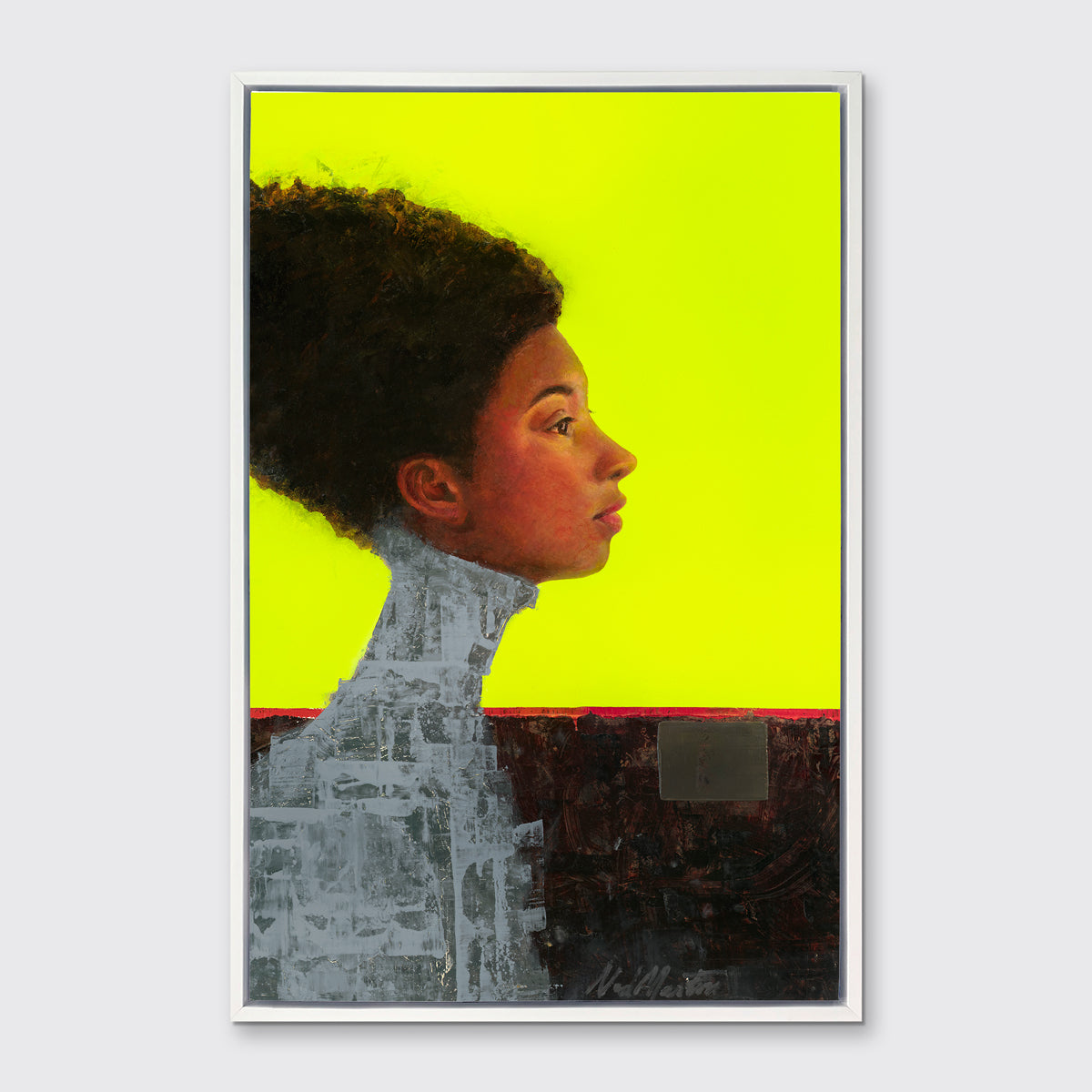 A grey, brown red and neon yellow abstract figural print in a white floater frame hangs on a white wall.