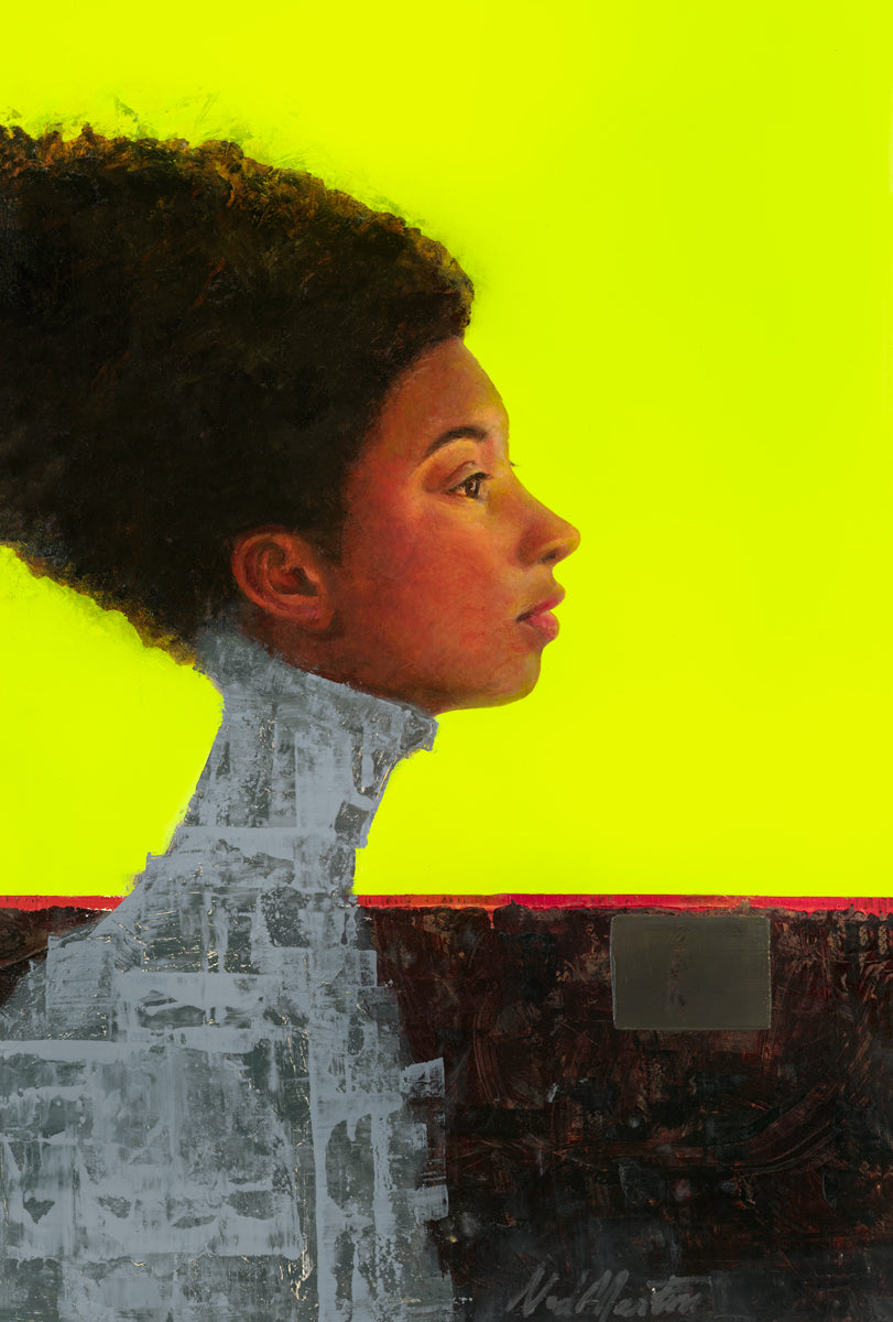 A grey, brown red and neon yellow abstract figural print by Ned Martin.