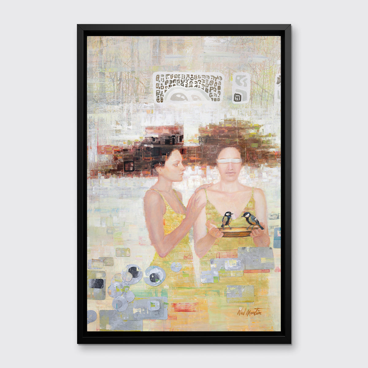 A silver, yellow, and grey abstract figural print in a black floater frame hangs on a white wall.