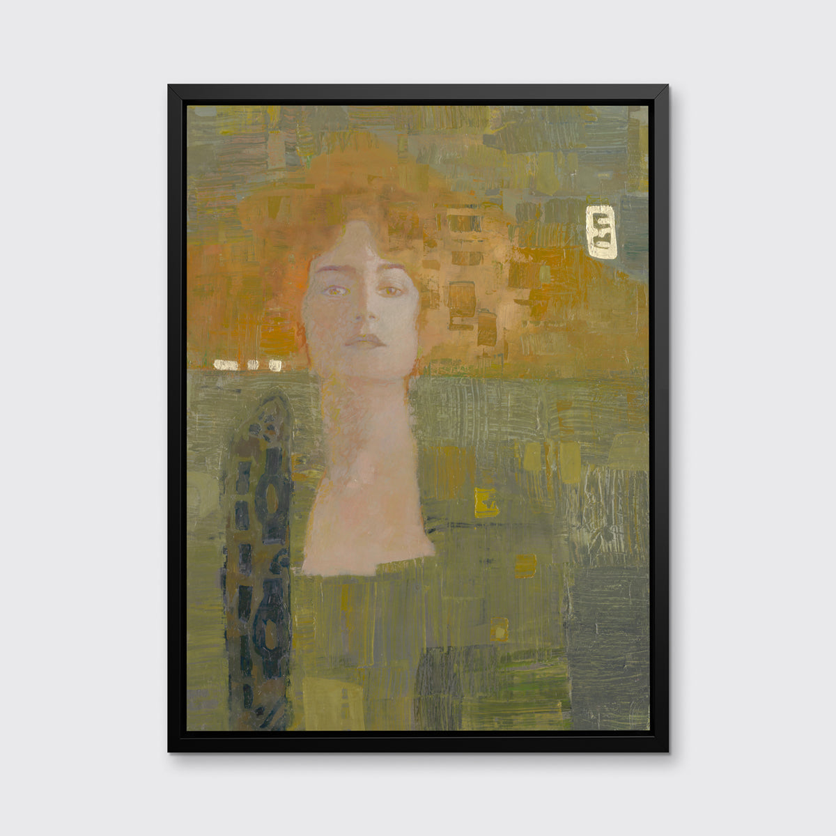 A orange and olive green abstract print of a woman in a black floater frame hangs on a white wall.