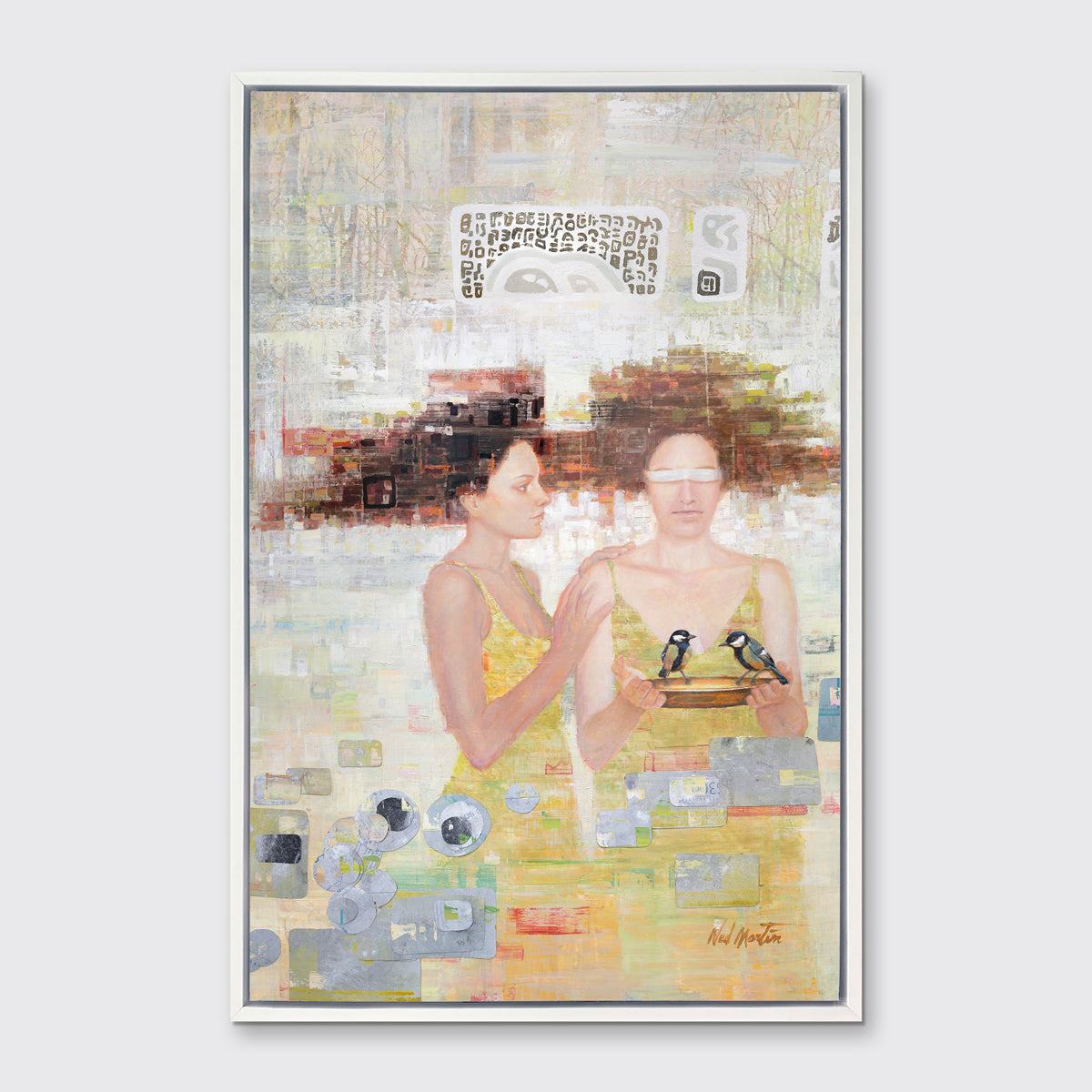 A silver, yellow, and grey abstract figural print in a white floater frame hangs on a white wall.