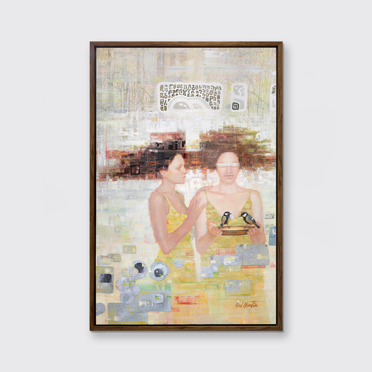 A silver, yellow, and grey abstract figural print in an oak wood floater frame hangs on a white wall.