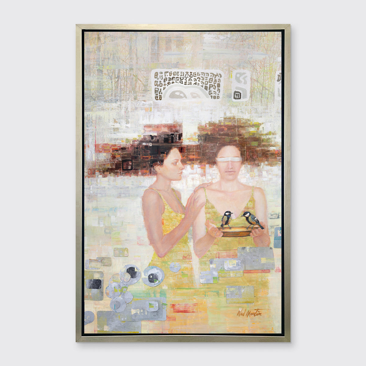 A silver, yellow, and grey abstract figural print in a silver floater frame hangs on a white wall.