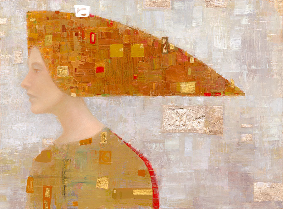 An abstract portrait of a woman in profile. She wears a long orange and gold, triangular head piece. 