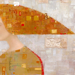 An abstract portrait of a woman in profile. She wears a long orange and gold, triangular head piece. 