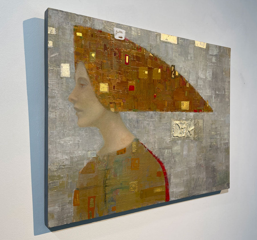 A left-side angle of an abstract portrait of a woman in profile. She wears a long orange and gold, triangular head piece.