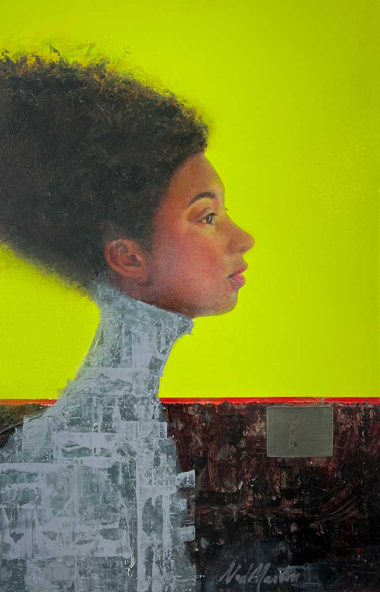 A painting of the side profile of a woman with a beehive hairstyle on a yellow-green background.