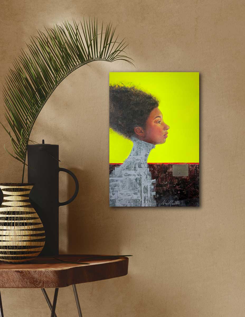 A painting of the side profile of a woman with a beehive hairstyle on a yellow-green background is hung near a table with a fern plant.