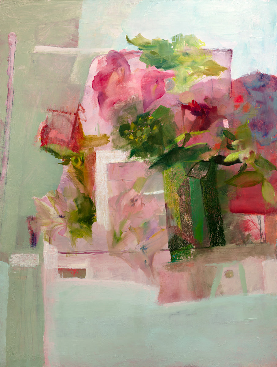 A pink, green and red abstract print by Christine Averill-Green.
