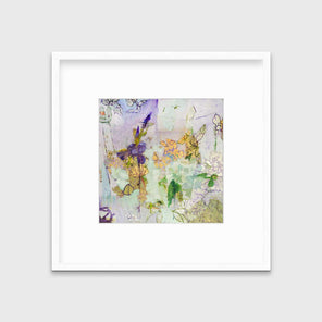 A purple, gold and green abstract print in a white frame with a mat hangs on a white wall.