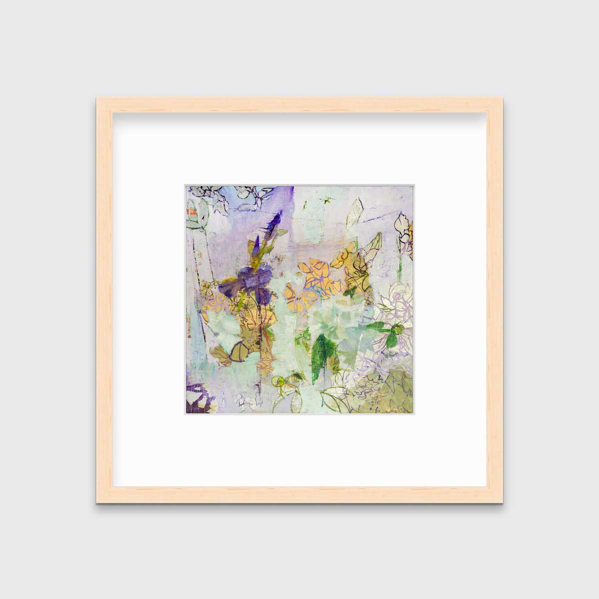 A purple, gold and green abstract print in a natural wood frame with a mat hangs on a white wall.