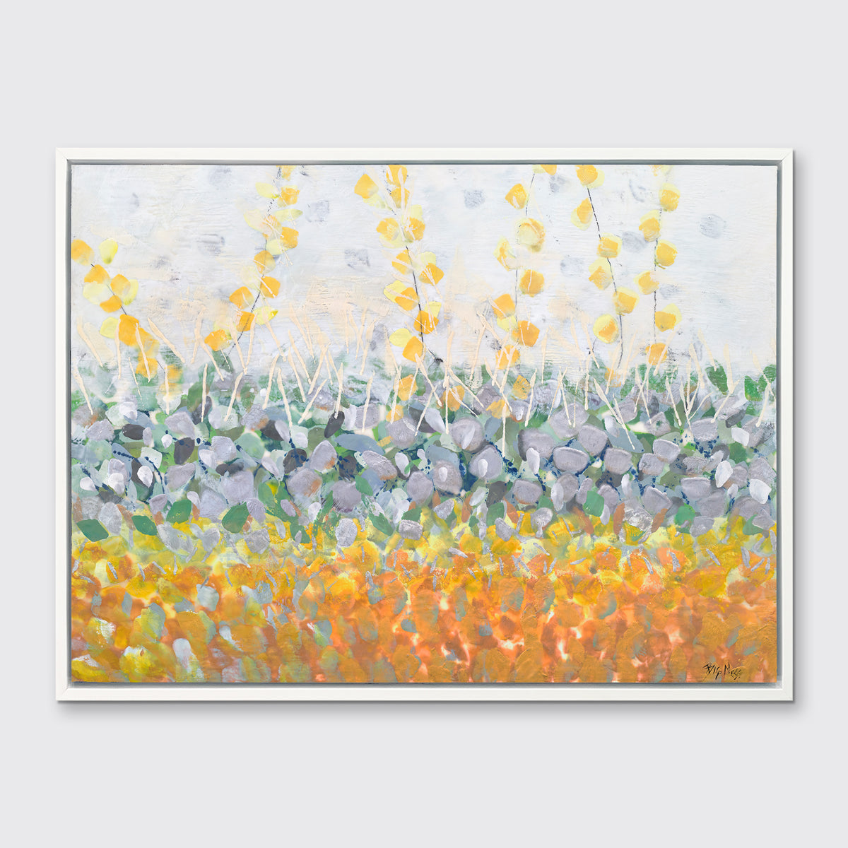 A yellow, purple, green and orange abstract print in a white floater frame hangs on a white wall.
