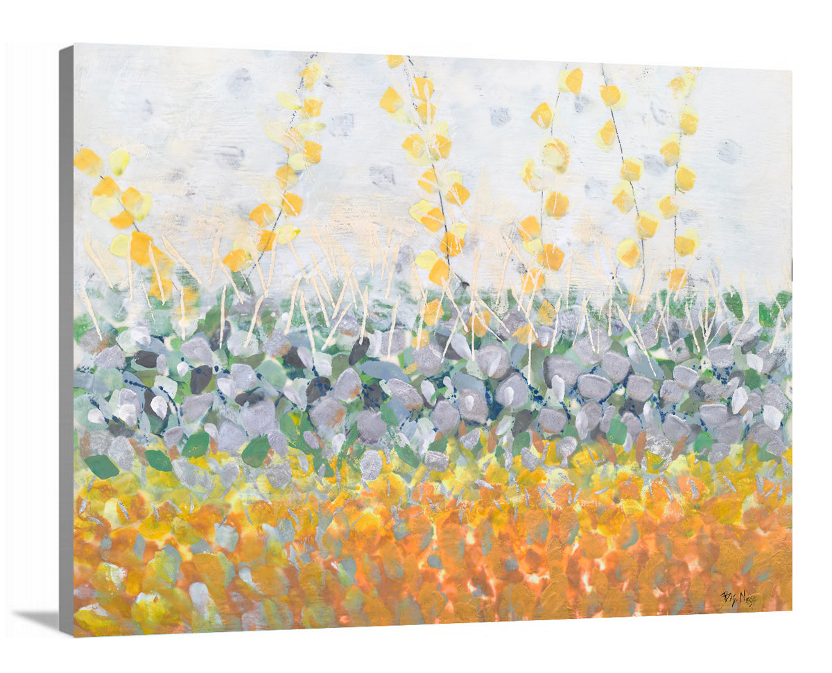 A side-angle view of a yellow, purple, green and orange abstract print on canvas.