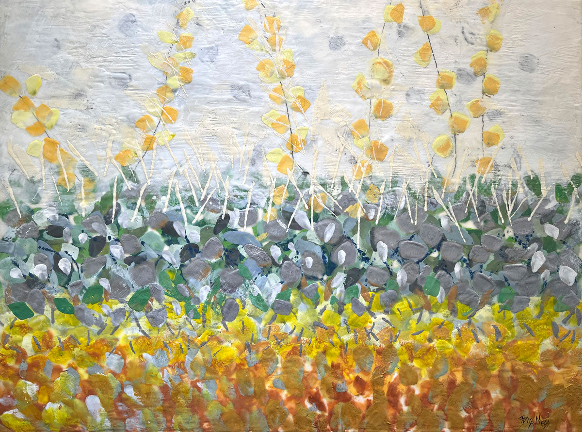 An abstract encaustic painting of gold and silver flowers. Wired and ready to hang.