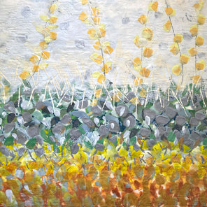An abstract encaustic painting of gold and silver flowers. Wired and ready to hang.