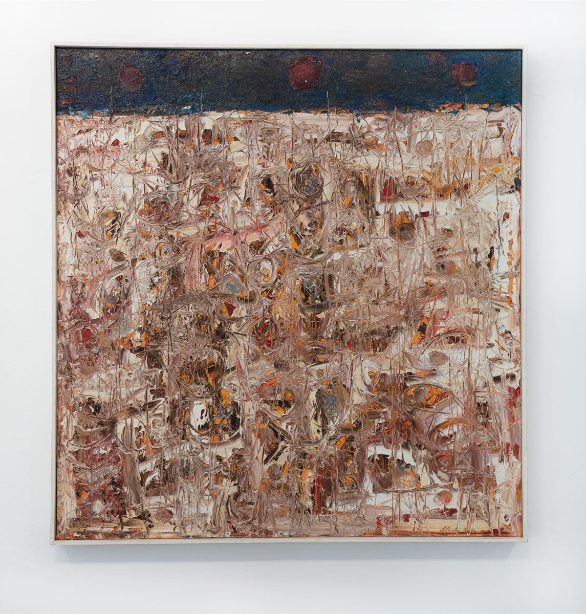 An abstract expressionist painting with a textured surface hangs on a wall. Its textured surface is from the artist scraping the paint with a palette knife, exposing its under layer. The painting is in a white frame, and is wired and ready to hang.