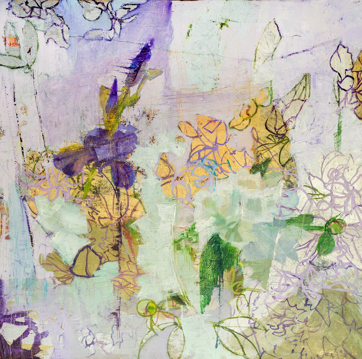 A purple, green and gold abstract print by Christine Averill-Green.