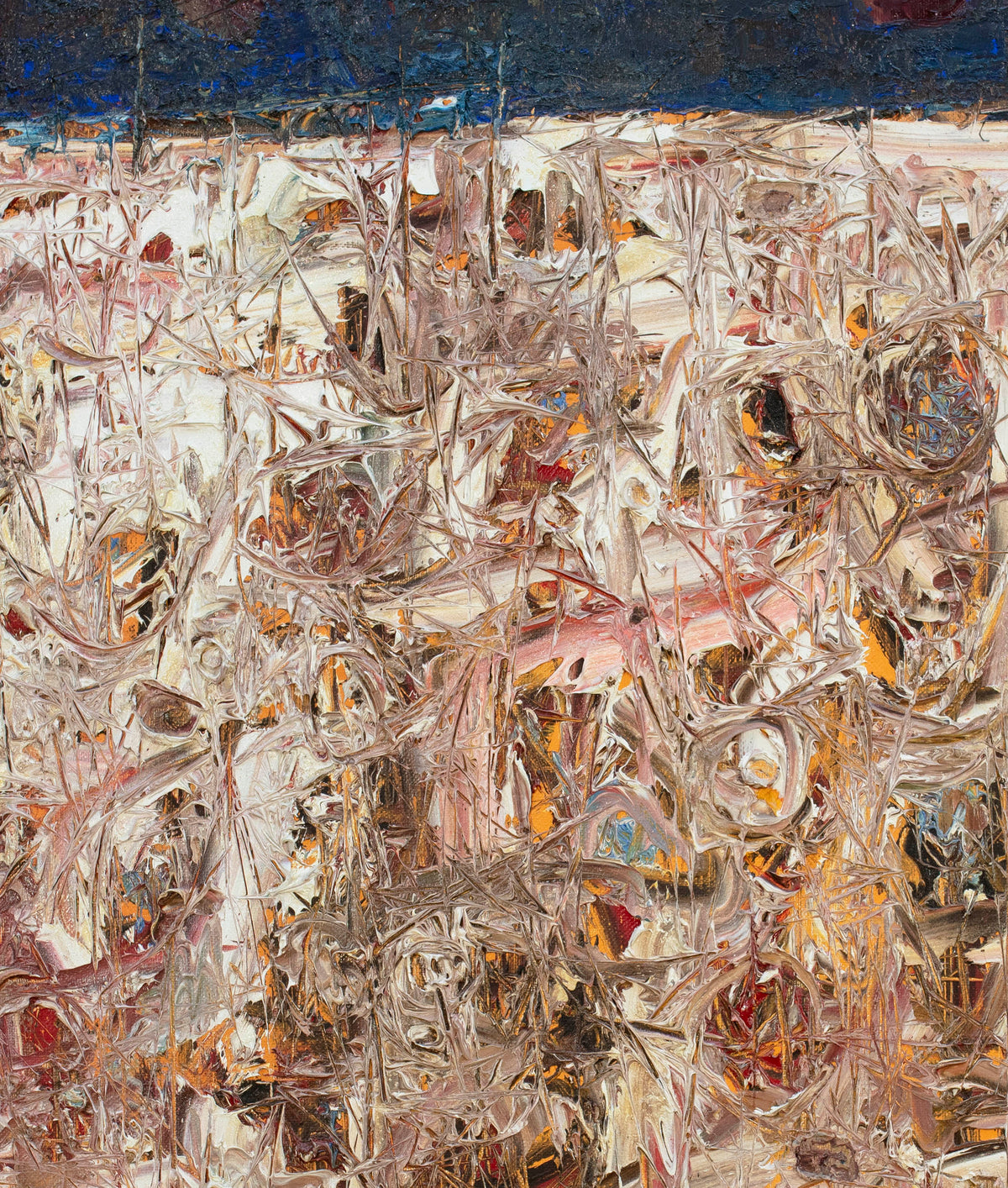 A detailed close up of the painting reveals the scrape marks of a palette knife.