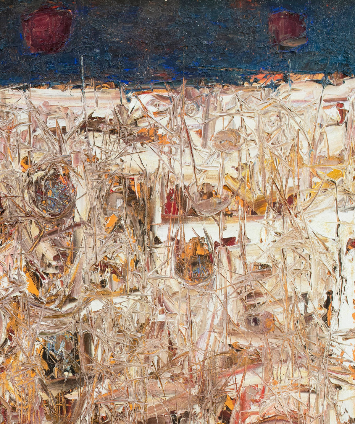 Detail of abstract expressionist painting with textured surface from scrapes and scratches that expose under layer.