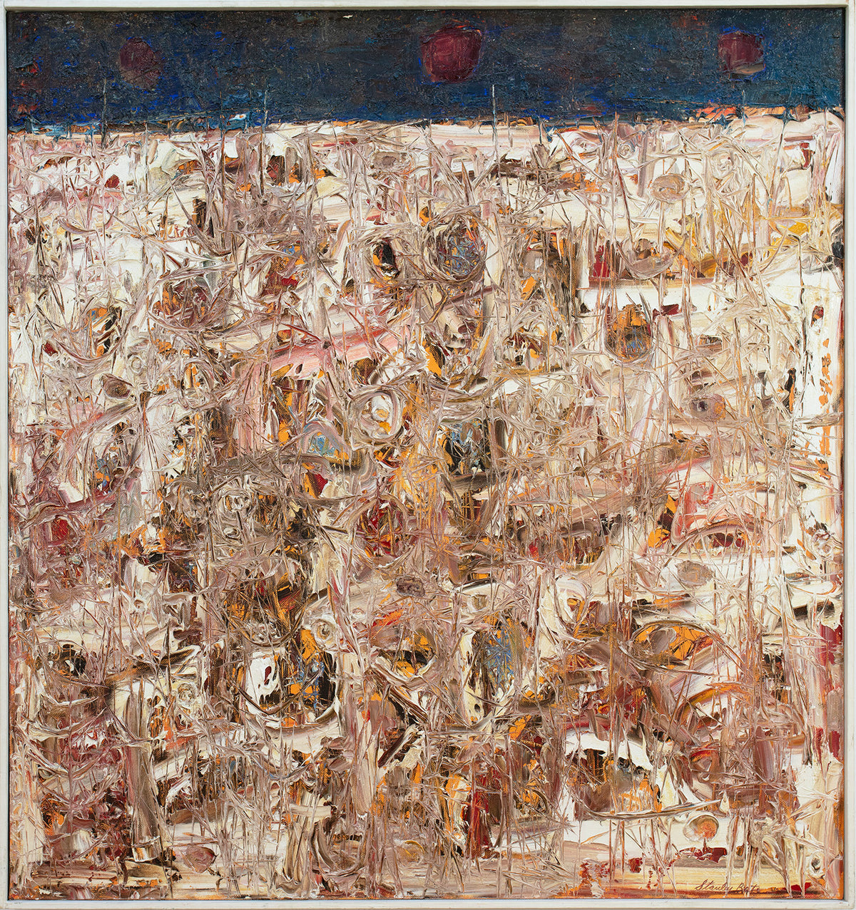 Abstract expressionist painting with textured surface from scraping, exposing under layer in a white frame.