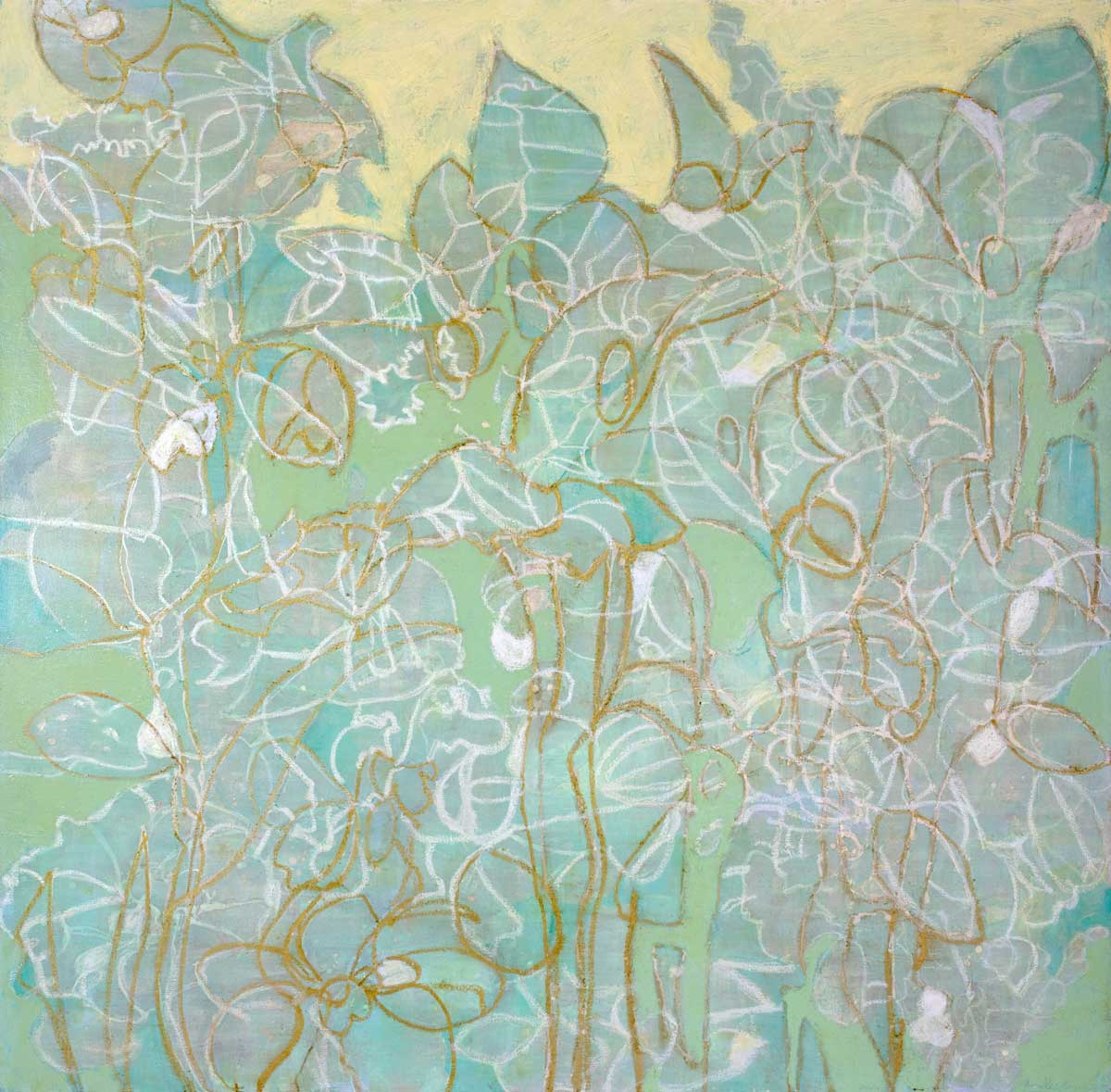 A green, yellow and white abstract print with dark orange and teal accents by Christine Averill-Green.