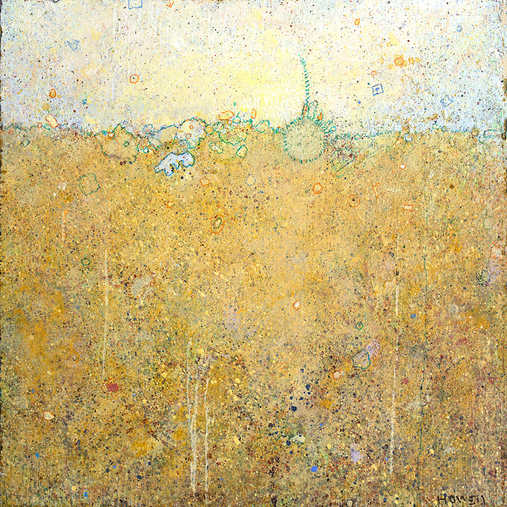 A yellow abstract landscape print with multicolored accents by Elwood Howell.