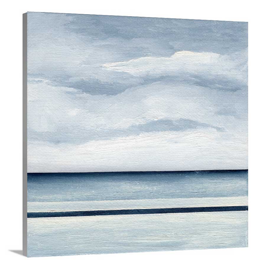 A side-angle view of a blue and white abstract linear landscape on canvas.