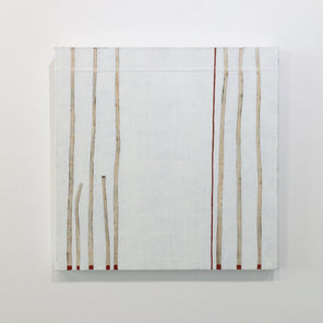 A minimalist painting of beige lines on the right and left of the composition with hints of red on a white background hung on a gallery wall.