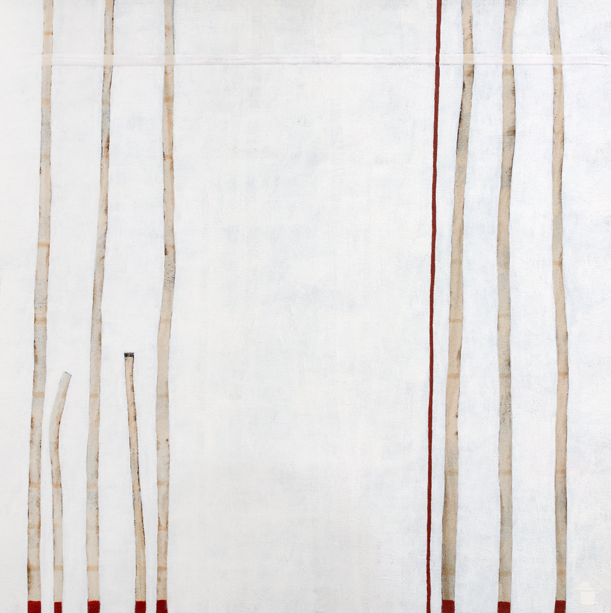 A minimalist painting of beige lines on the right and left of the composition with hints of red on a white background. 