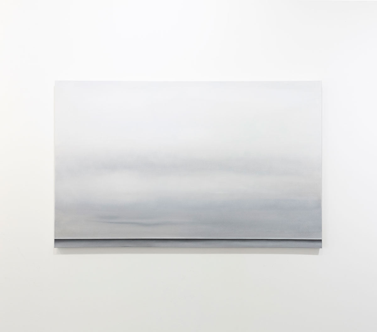 A grey oil painting with a single black line at the bottom that suggests a horizon line is hung on a gallery wall. Wired and ready to hang.