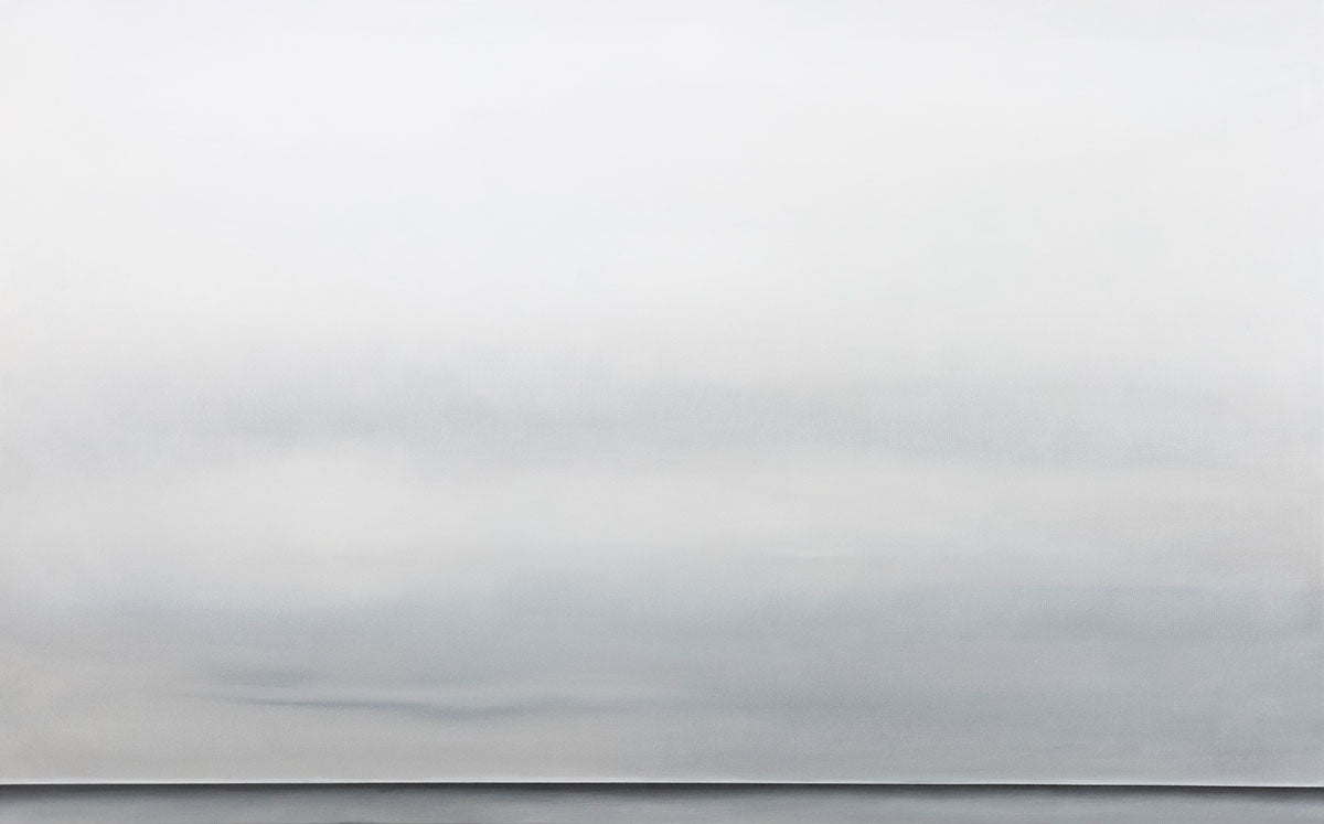 A grey oil painting with a single black line at the bottom which suggests a horizon line. Wired and ready to hang.