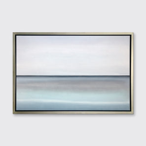 A tonal blue abstract landscape with a defined horizon print in a silver floater frame hangs on a white wall.