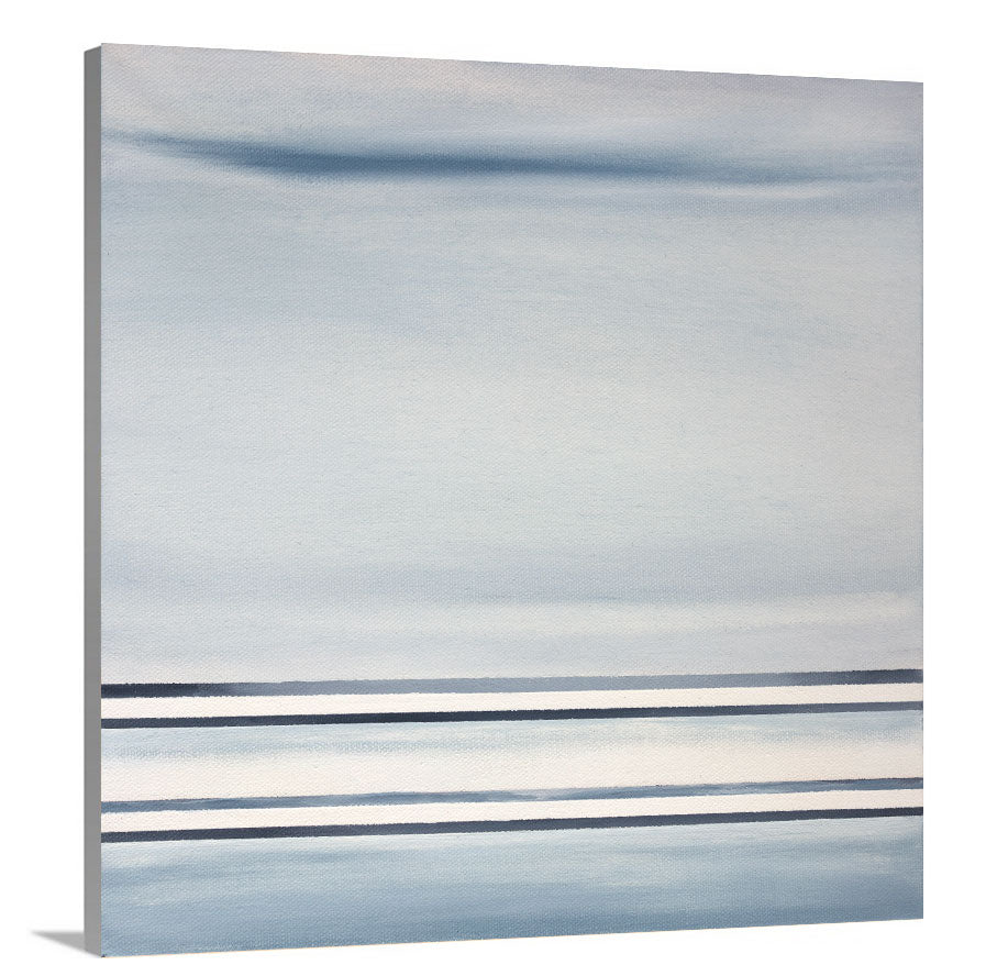 A side-angle view of a blue and white linear abstract print on canvas.
