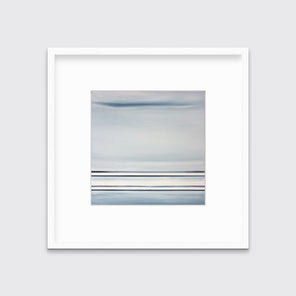 A blue and white linear abstract print in a white frame with a mat on a white wall.