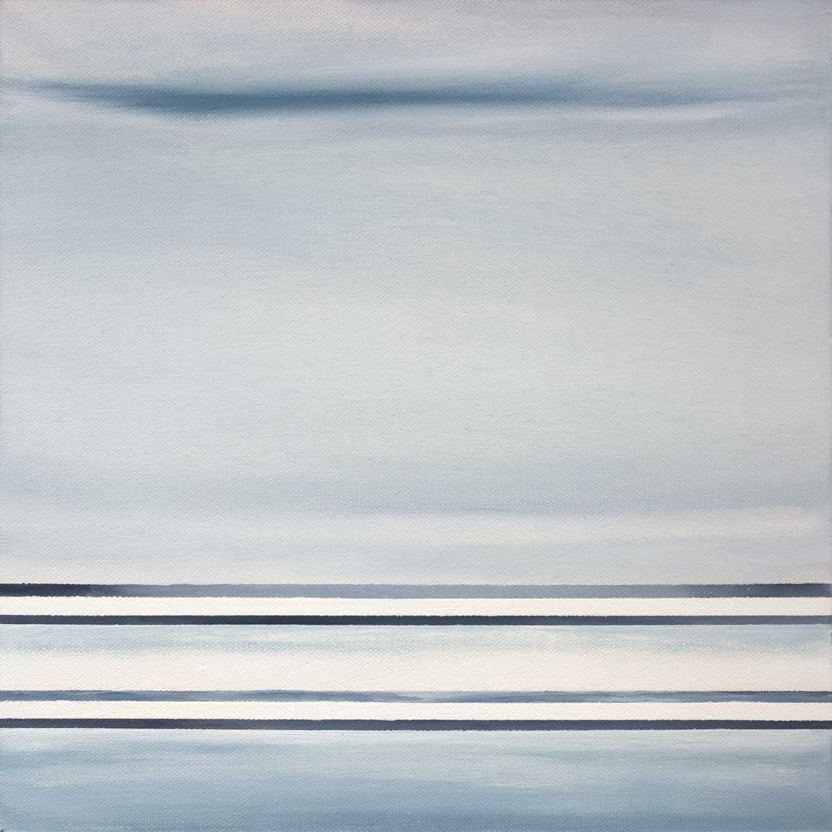 A blue and white linear abstract painting.