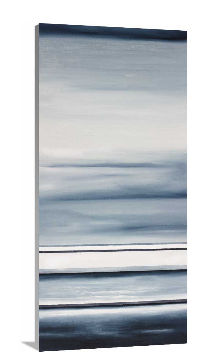 Side angle view of different sized bands of hues of blue and white on canvas.