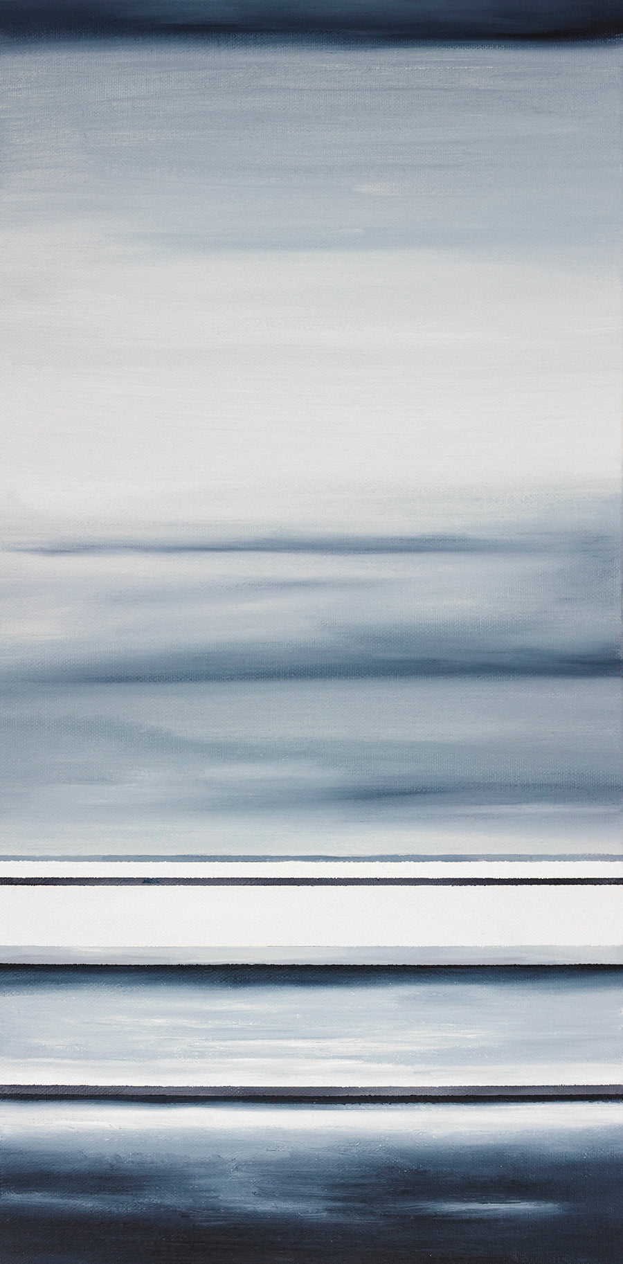 Vertical painting of different sized bands of hues of blue and white.