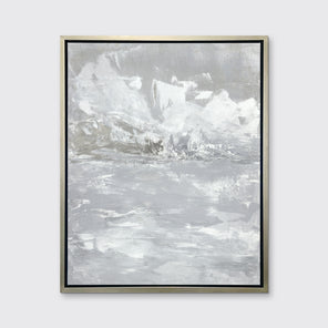 A grey abstract print by Julia Contacessi in a silver floater frame hangs on a white wall.