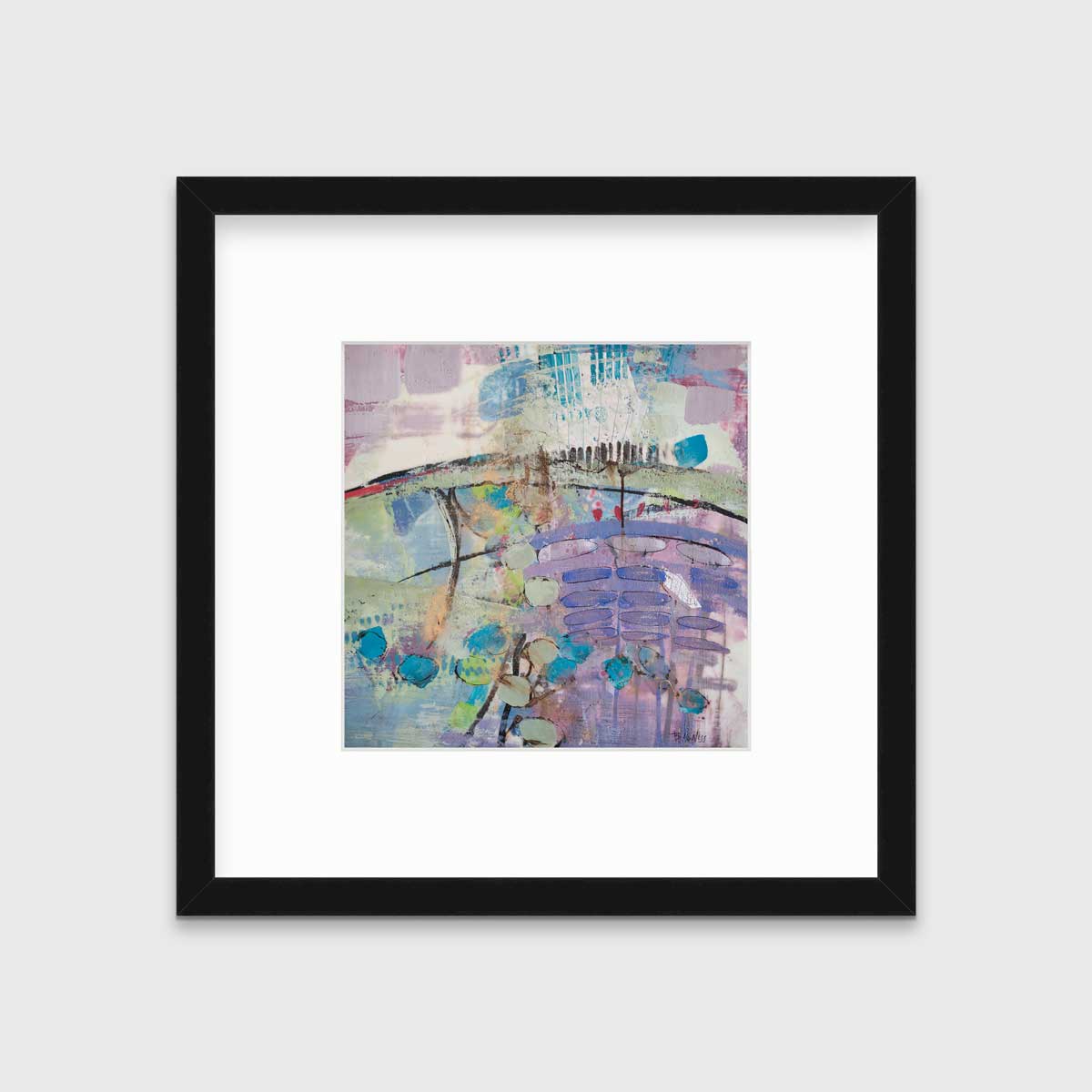 A purple, blue, green and teal abstract print in a black frame with a mat hangs on a white wall.