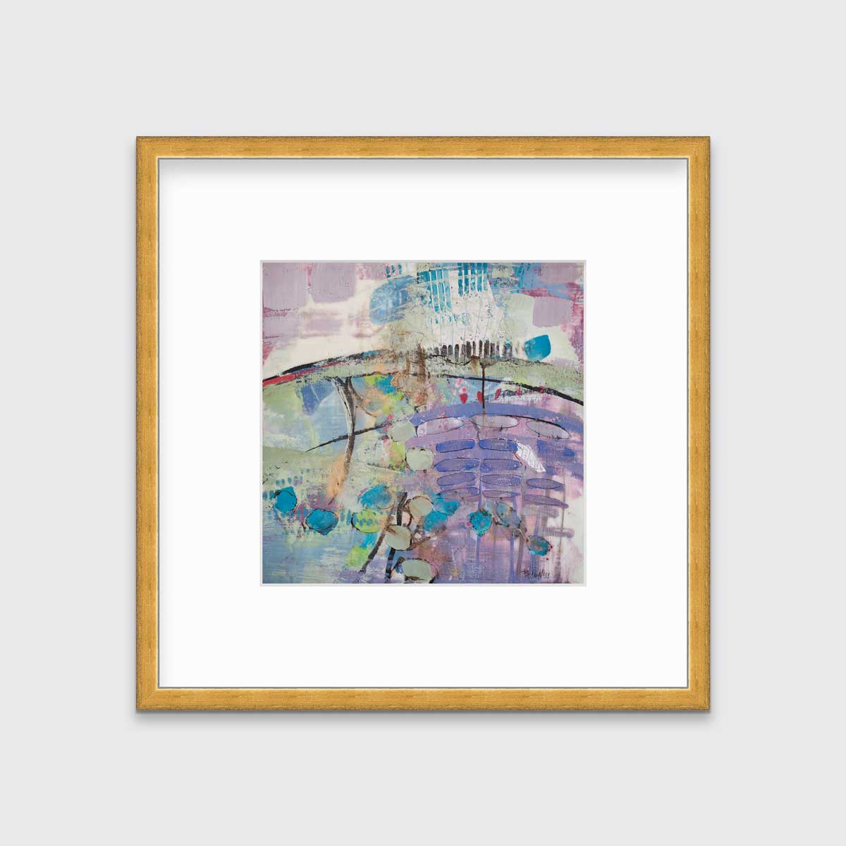 A purple, blue, green and teal abstract print in a gold frame with a mat hangs on a white wall.