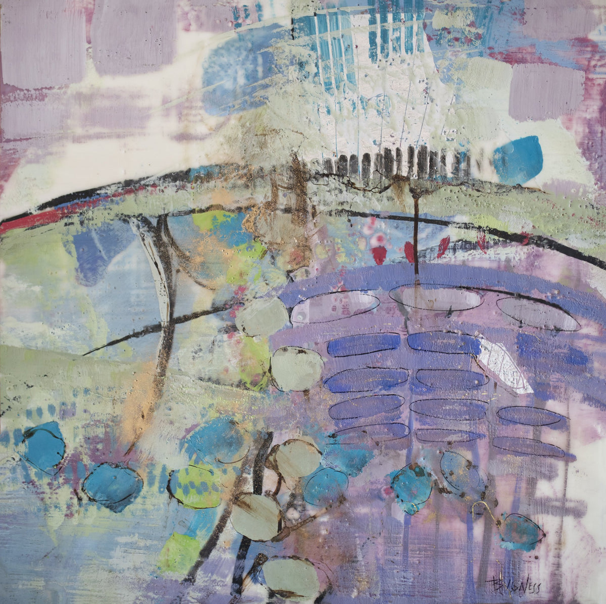 A purple, blue, and green abstract print by Linda Bigness. 