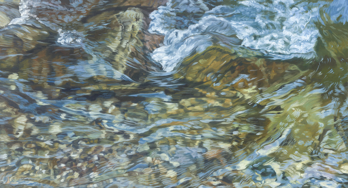 A green, blue, white and tan abstract river rock print by John Harris.