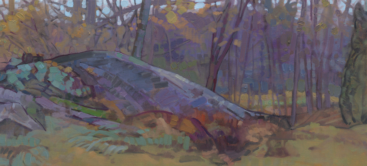 A muted multicolored abstract landscape print by John Harris.