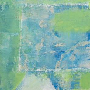 An abstract painting with blue and green patches. Wired and ready to hang.